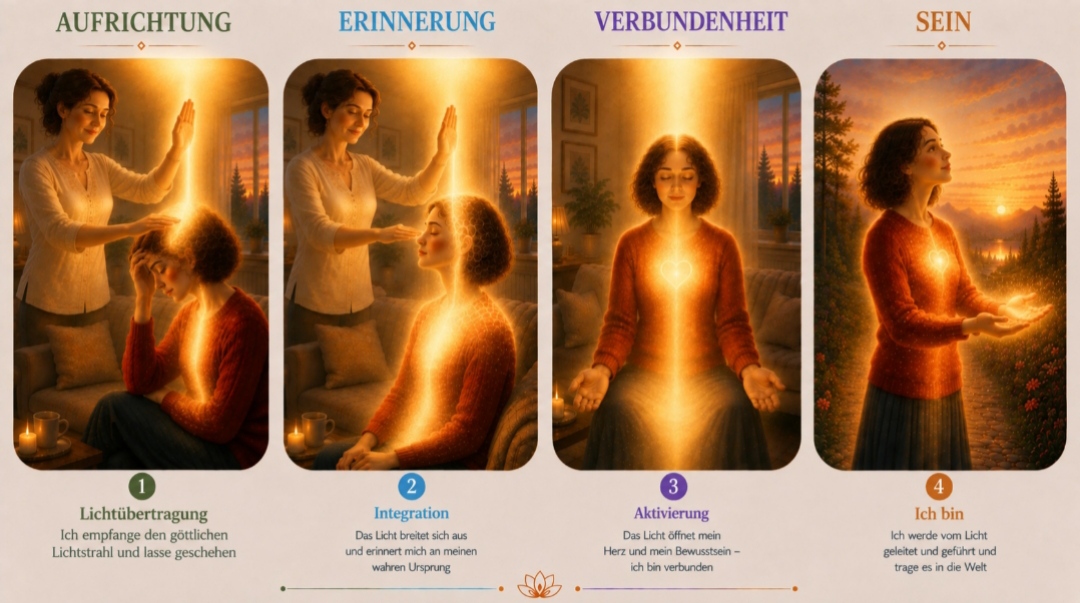 Symbolische Bilderreihe der Drei-Monats-Reise in vier Schritten: Aufrichtung, Erinnerung, Verbundenheit, Sein